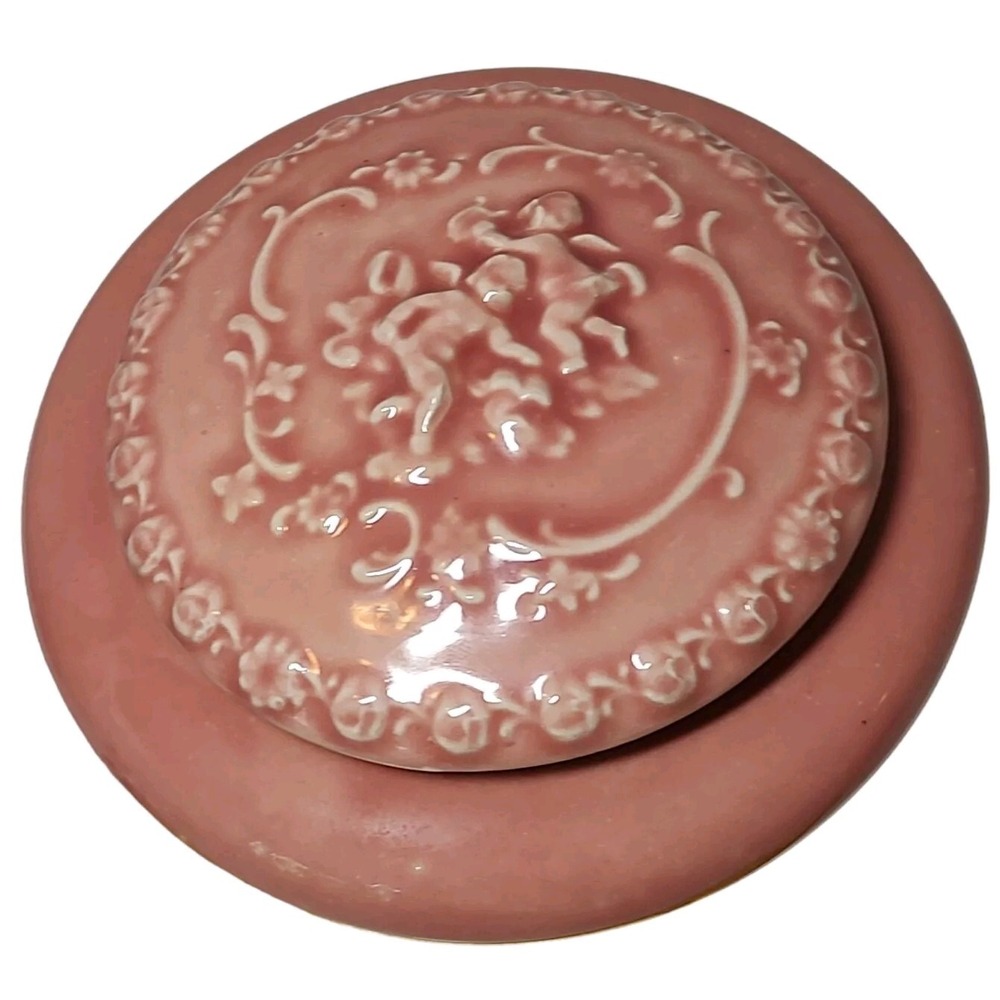 Vintage‎ Handmade Ceramic Powder Trinket Box Pink Angels Round 6.5 Inches SEE